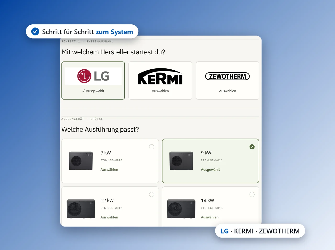 ETG-Konfigurator: Hersteller und Größe der Wärmepumpe wählen